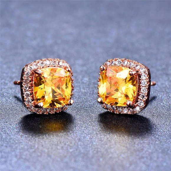 NEW 18K Rose Gold Citrine Diamond Halo Earrings - Picture 3 of 6